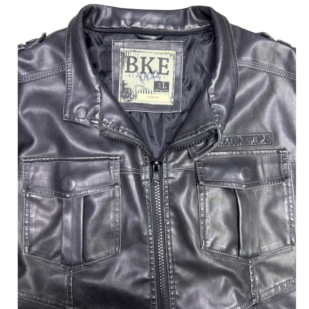 BKE Men's Faux Leather Jacket Dark Gray Size Large Slim Fit Motorcycle Biker - Picture 4 of 12